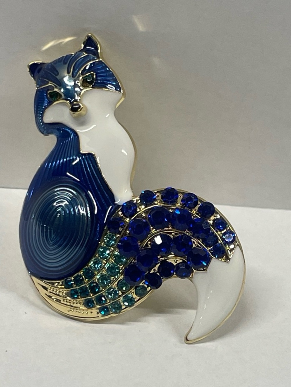 Blue & White Brooch Fox Figurine Pin.